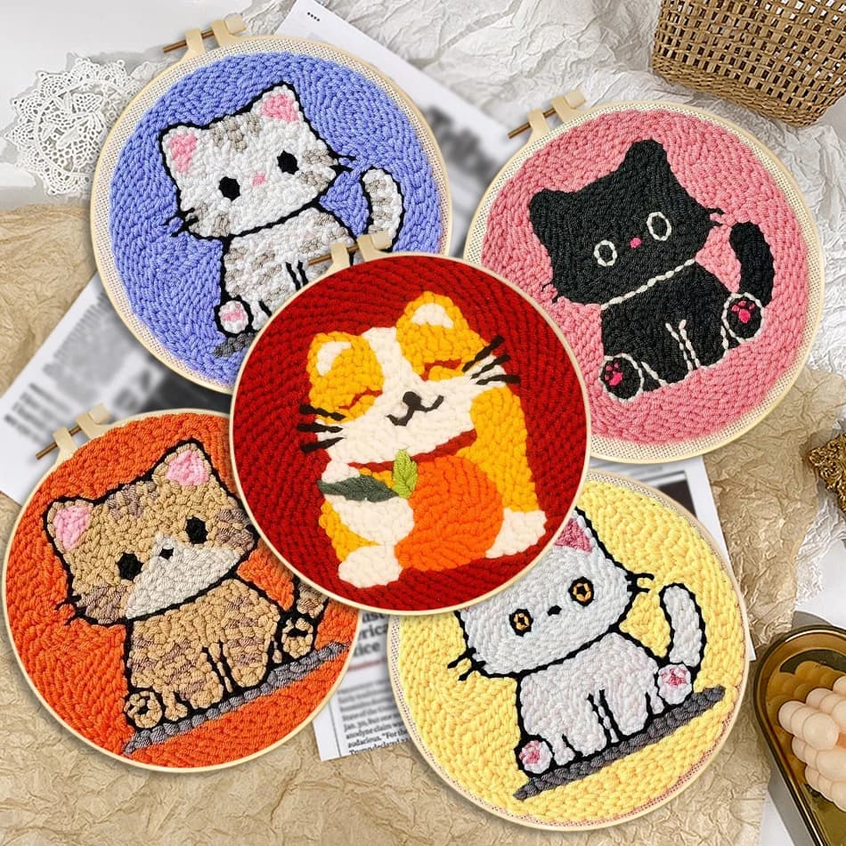 Kit per iniziali con ago per punzonatura per gatti carino Kit per ricamo con ago per punzonatura in filato morbido Ricamo facile Ricamo in lana Lavoro Decorazioni per la casa