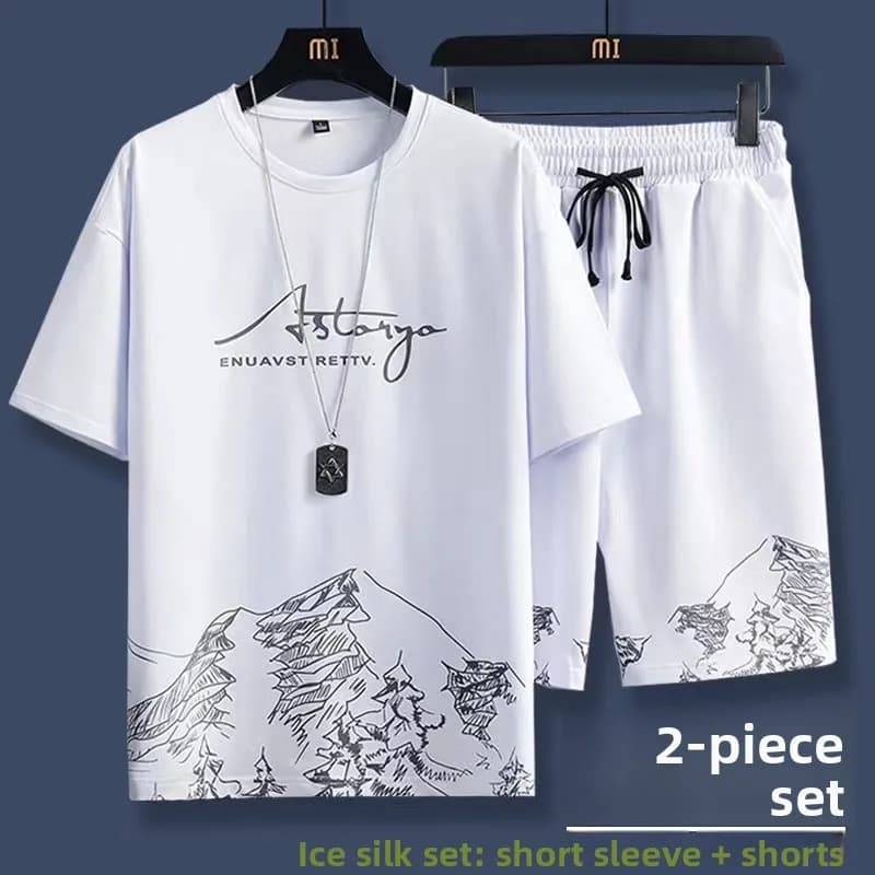 Summer Ice Silk Slim Fit Casual Sportswear Set for Men Trendy Loose Large Size Teenager Thin Short Sleeve T-Shirt And Shorts