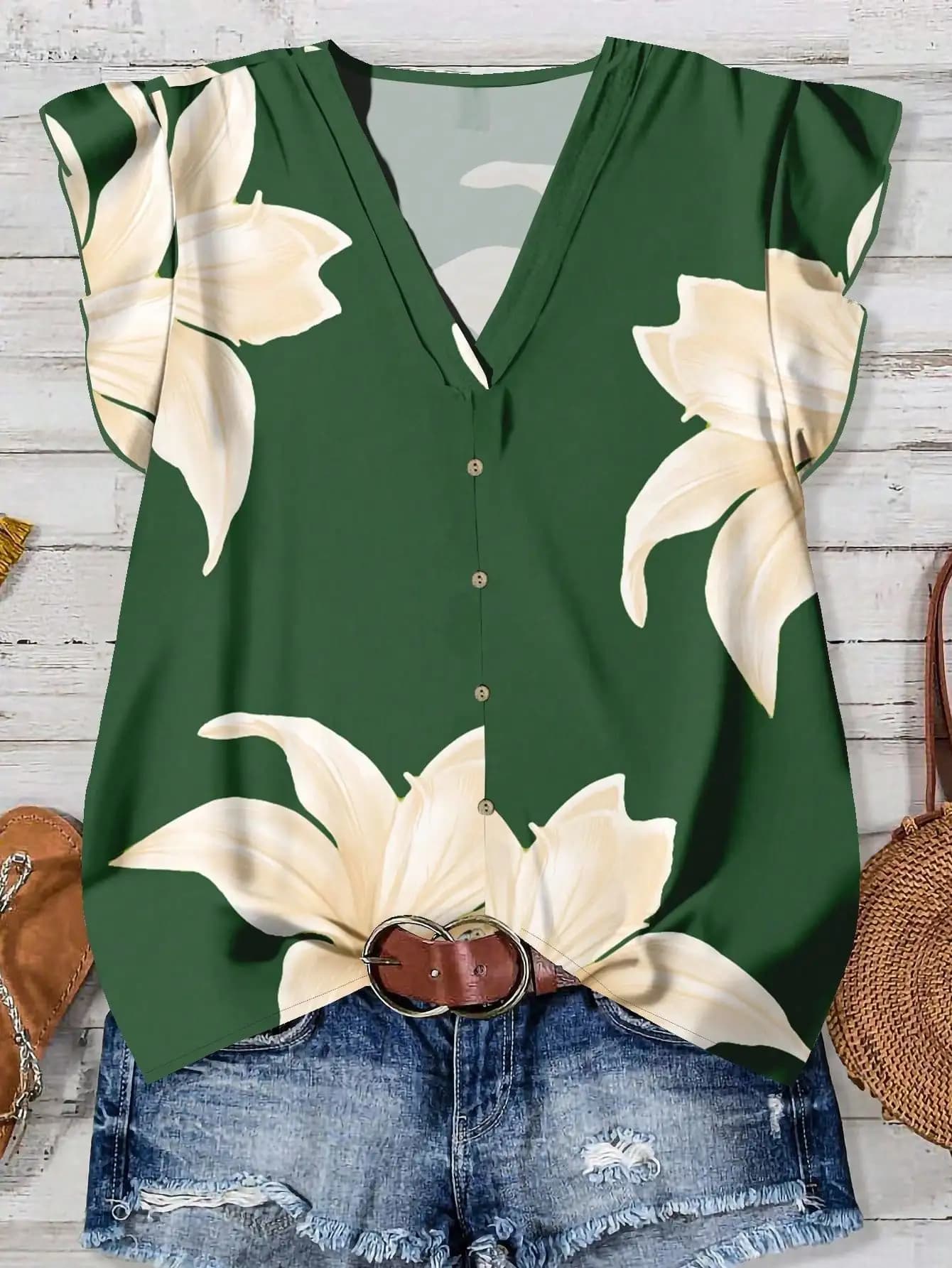 Green shirt with floral print, V neckline, buttons on the front and hood sleeves