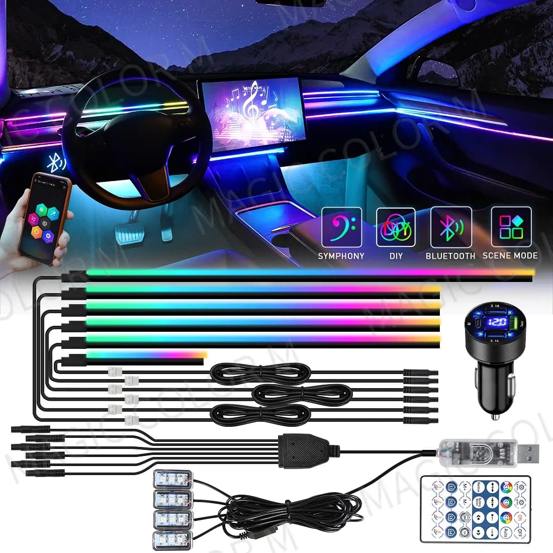 Per Tesla Model 3 Y S X Car Ambient Lights Strips 10 in 1 Footwell Universal RGB Atmosphere Lamps USB APP accendisigari remoto