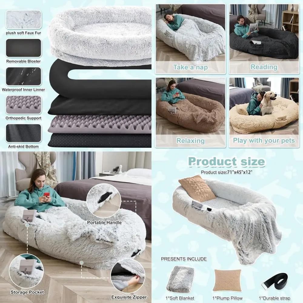 Letto per cani ortopedico in pelliccia sintetica con cuscino e coperta, lavabile, grigio, 71x45x12