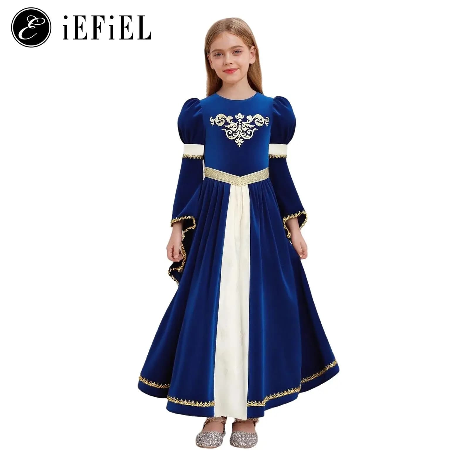 Girls Medieval Princess/Victorian Queen Halloween Cosplay Costume Bell Long Sleeve Embroidery Split Maxi Gown Dress for Party