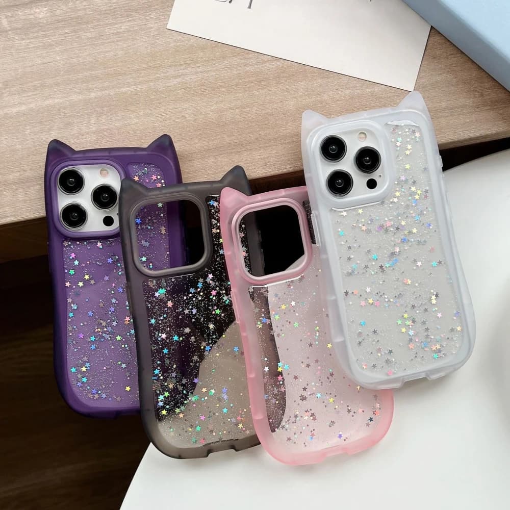 Custodia con glitter a forma di stella con orecchio di gatto carino per iPhone 17 16 Pro Max 15 Promax 14 13 12, copertura antiurto trasparente con paillettes lucide