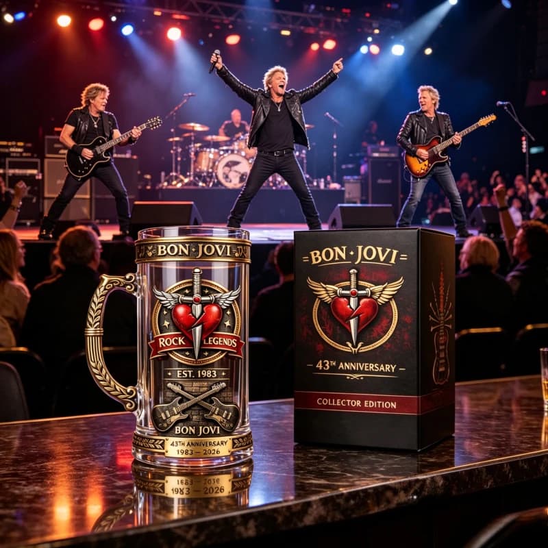 Boccale da Birra Commemorativo Bon Jovi 1983-2026, Boccale in Vetro Inciso da Collezione per Fan del Rock