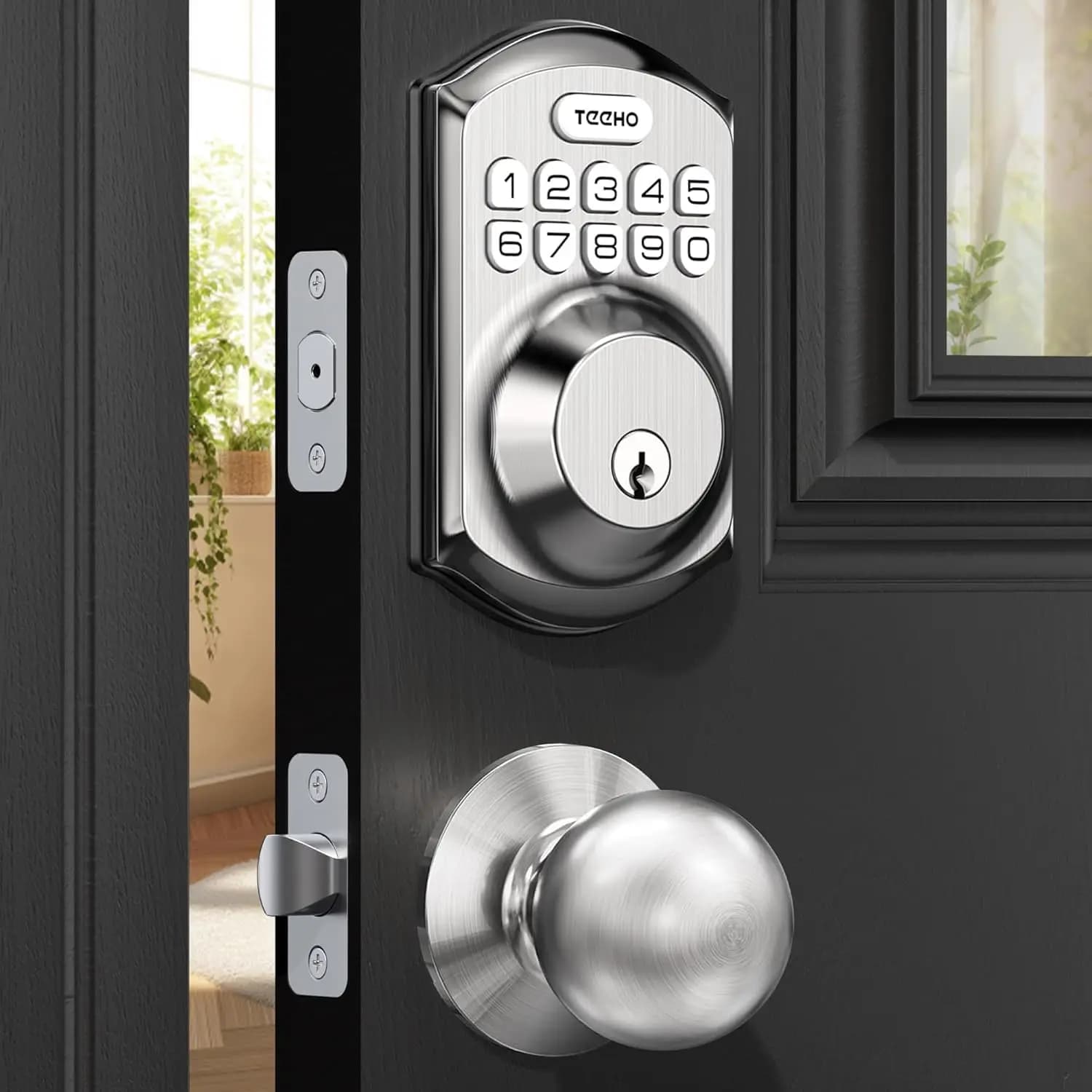 Serratura per porta con ingresso senza chiave e maniglia, catenaccio elettronico con tastiera e 2 pomelli, set per porta d'ingresso ad alta sicurezza per casa e affitto, blocco automatico intelligente, facile installazione, nichel satinato