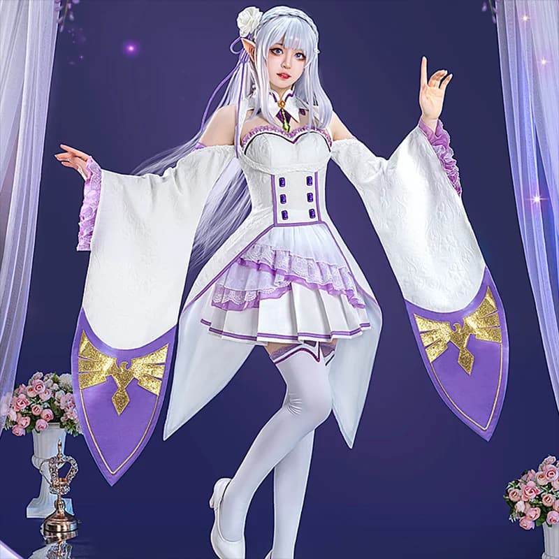 Anime Re Zero Kara Hajimeru Isekai Seikatsu Emilia Costumi Cosplay Vestito da donna con copricapo per la festa di Halloween Lolita Cos