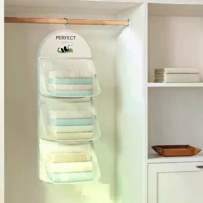 Three Layer Mesh Bag Closet Organizer Foldable Hanging Storage for Dormitory Laundry Clothes Towel Organization Bedroom