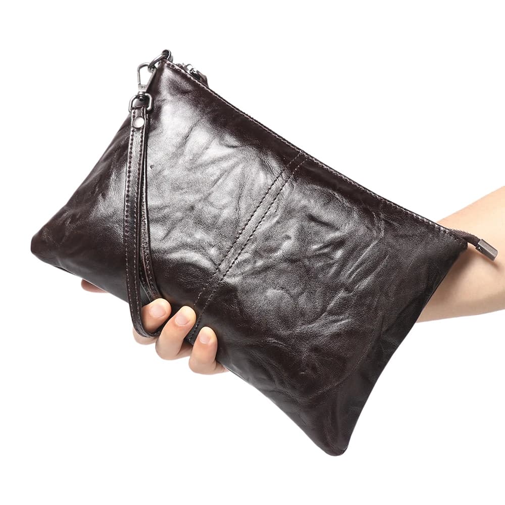 Vintage Everyday Versatile First-Layer Cowhide Envelope Clutch Zip Phone Wallet with Detachable Wrist Strap