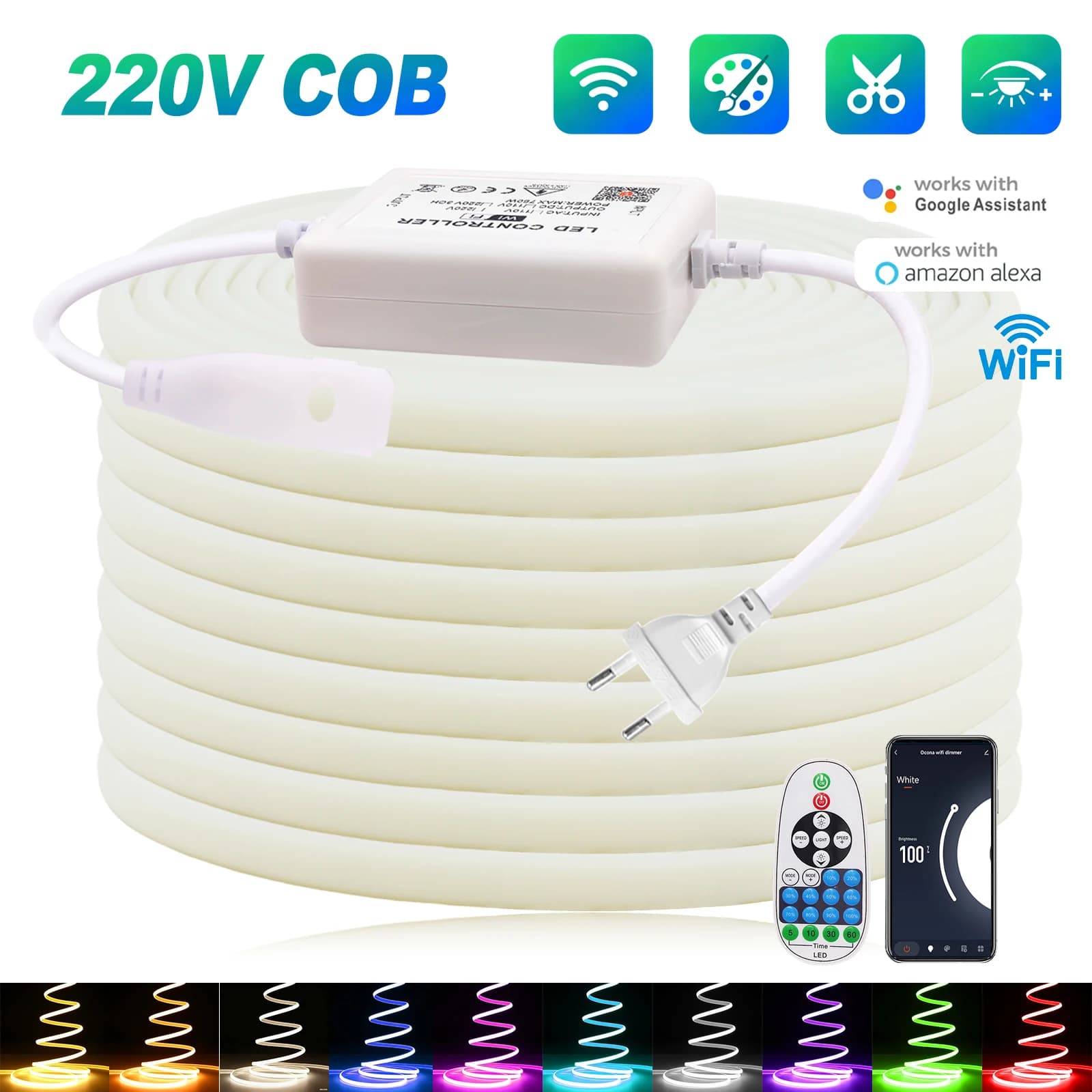 Striscia LED COB dimmerabile 220V WIFI 23 tasti Telecomando Nastro LED flessibile 288 LED / m IP67 Diodo a nastro impermeabile Decorazioni per la casa
