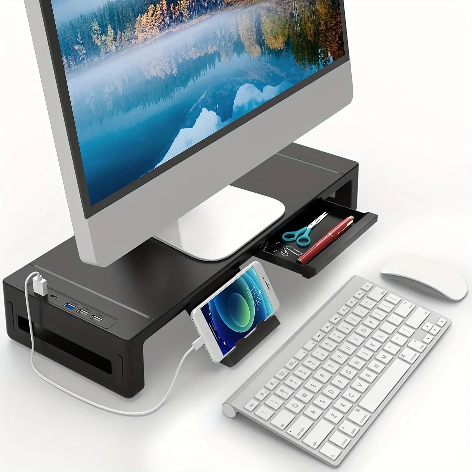 Support for monitors, with folding and height adjustable computer support, desk shelf support with storage drawer and tablet phone