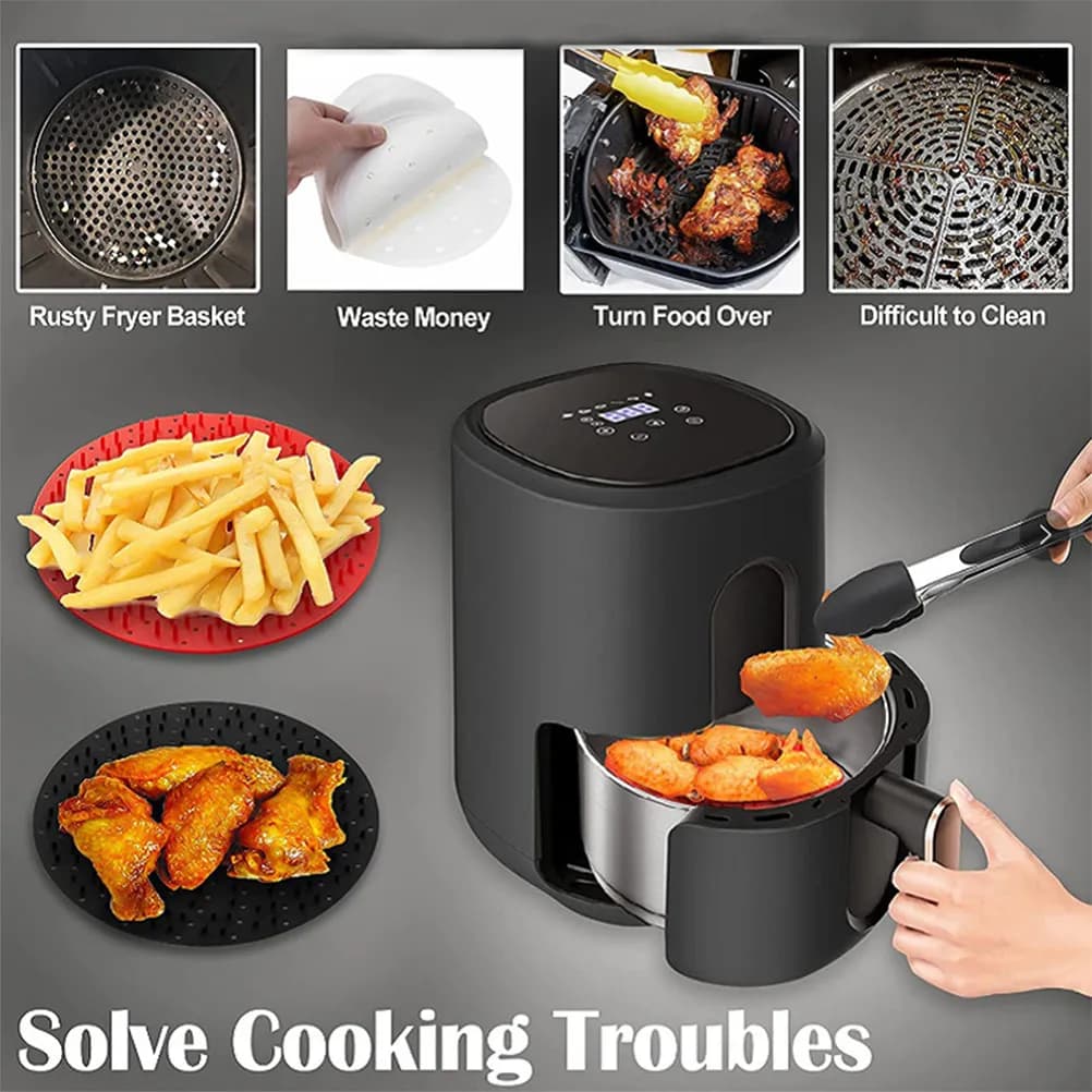 2Pcs Round Silicone Liners for Air Fryer Reusable Food Grade Baking Mat Hollow Design Prevents Sticking Preserves Food Shape