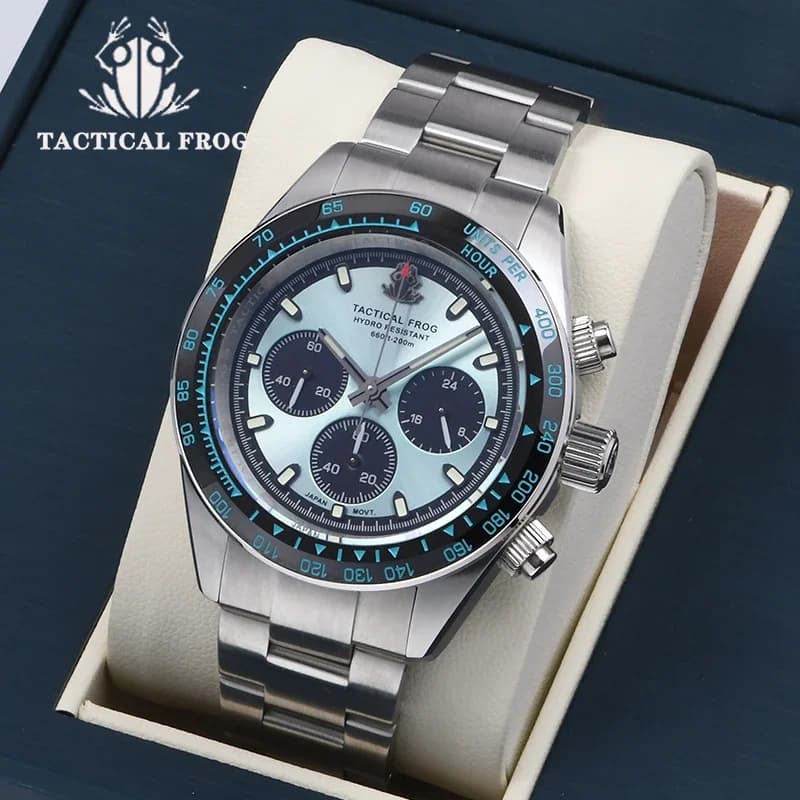 Men's Watch Tactical Frog Chronograph Stainless Steel Quartz Watches Sapphire Crystal VS75 SHORT Scuba Diving Movement 20Bar Waterproof