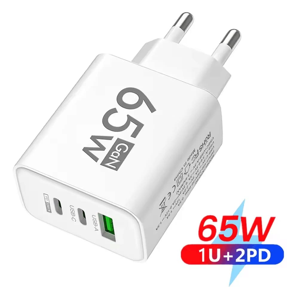 Caricatore USB GaN da 65W a 3 porte Type-C a ricarica rapida per iPhone Samsung Xiaomi QC3.0 con spina EU/US/KR