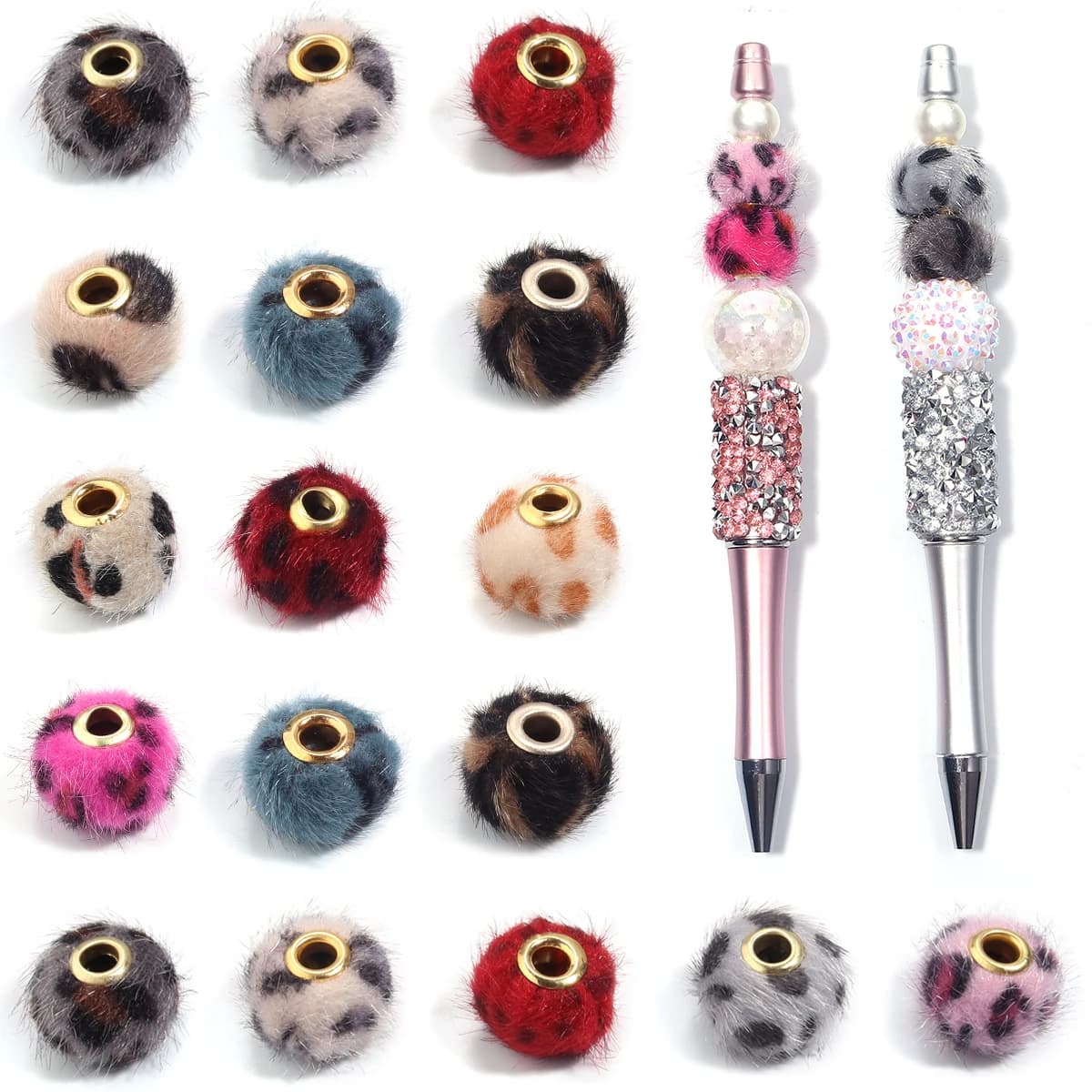 10 pezzi di perline a sfera da 15 mm in pelliccia sintetica, colorate e soffici con stampa leopardata, per la creazione di gioielli fai da te, collane, bracciali, orecchini
