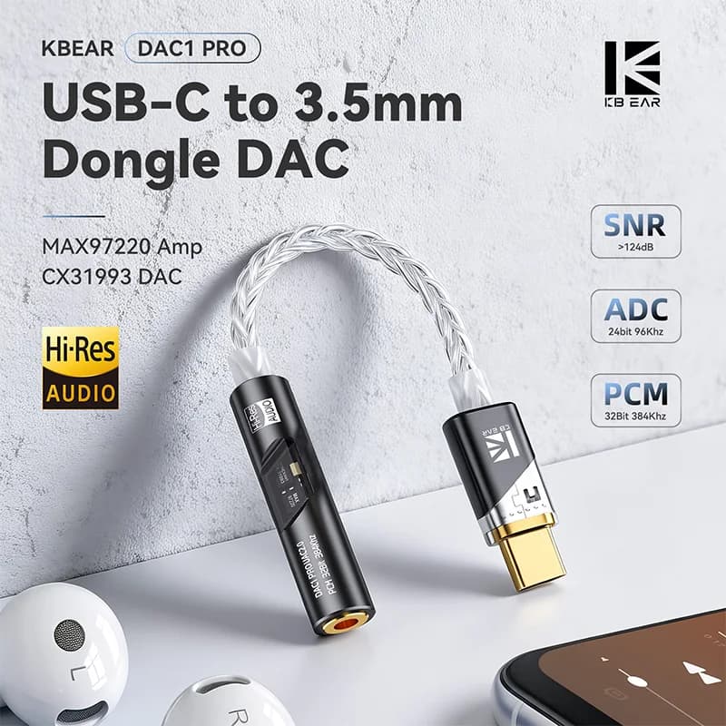 KBEAR DAC1PRO Type-C to 3.5mm HiFi DAC Dongle, Lossless Digital Audio Decoder Adapter Cable,HI-RES for TBX,Kalideer,KB02