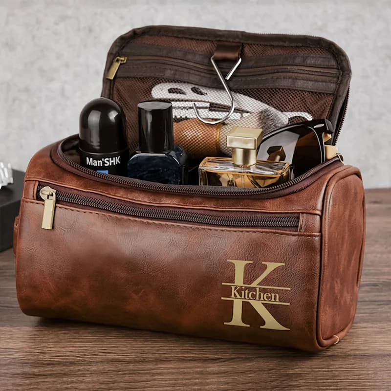 Borsa per il trucco da donna impermeabile personalizzata con nome inciso Cosmetici Borsa da barba da bagno Borsa da viaggio da uomo in pelle PU
