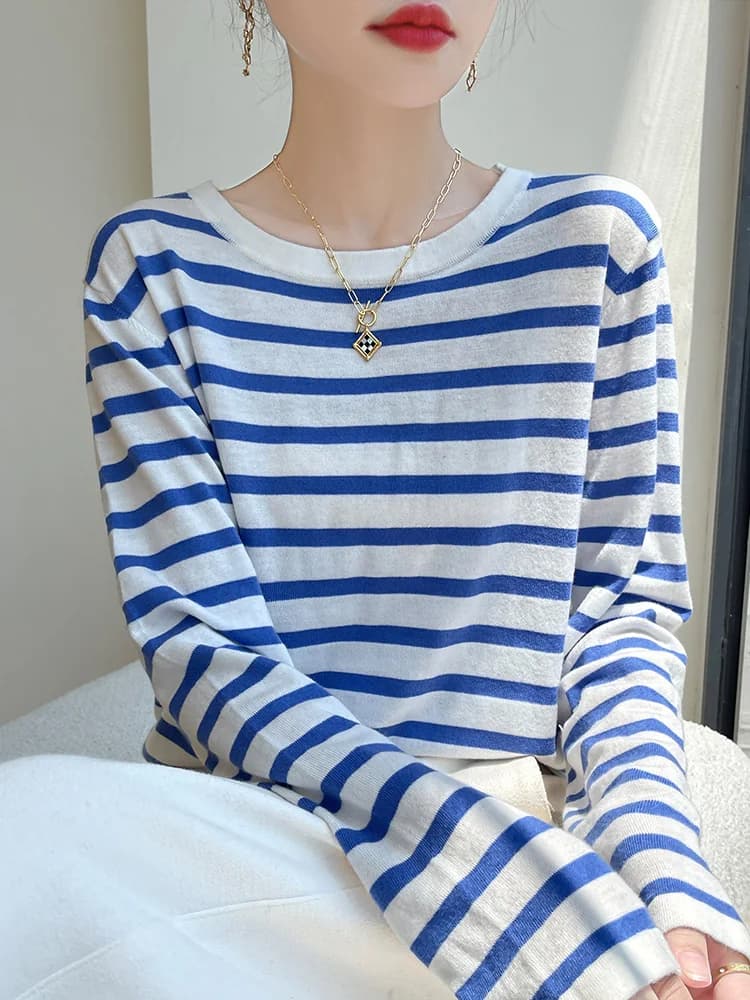 Slimming Striped Knit Long Sleeve T-Shirt Women's Loose Fit Thin Style Base Layer Shirt Commute Style Regular Length Woolen