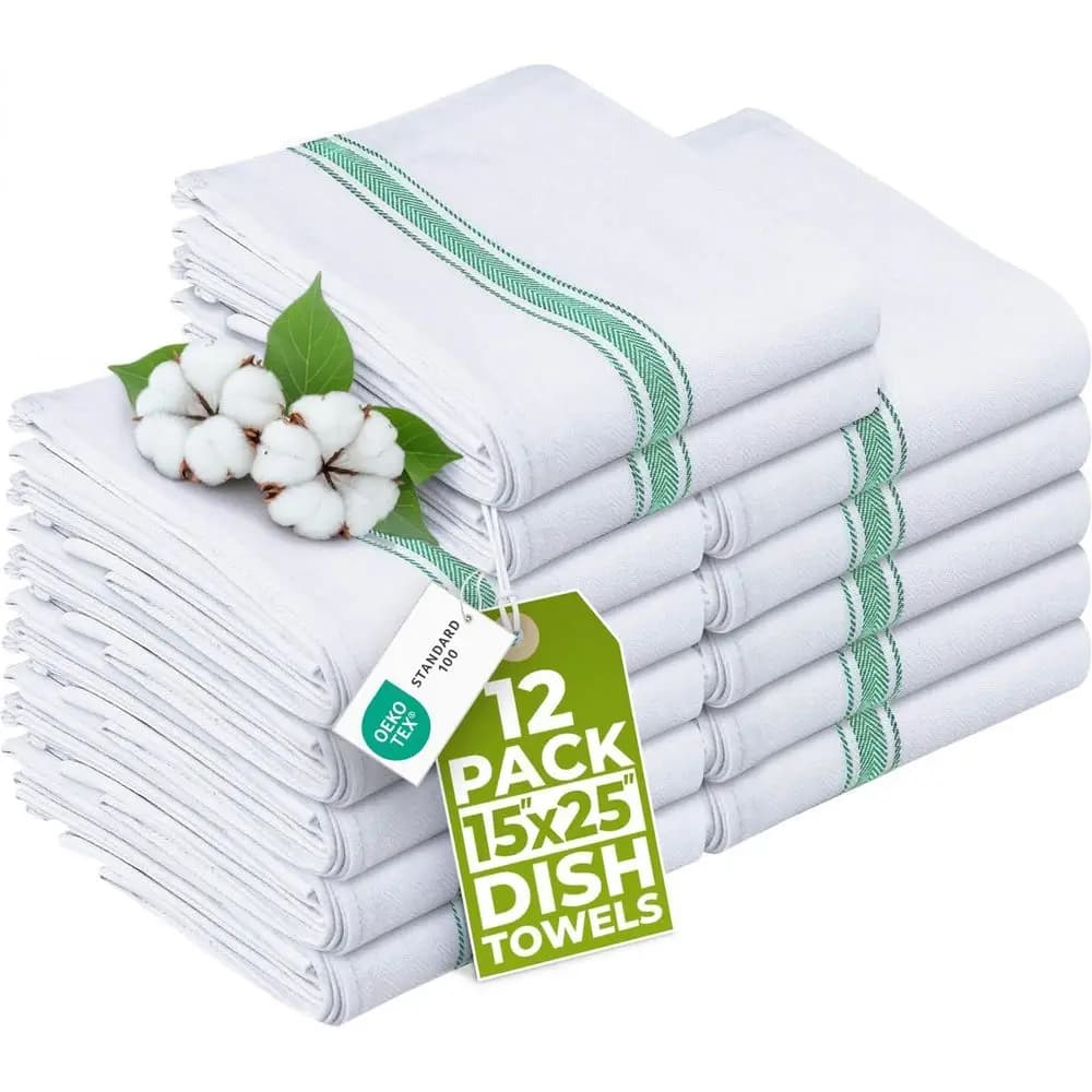 12 Pack 15x25 Inch 100% Cotton Dish Towels - Absorbent, Reusable for Kitchen & Bar
