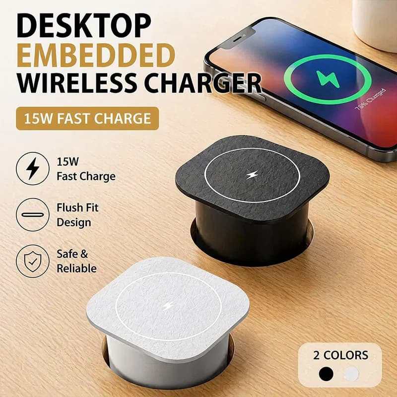 Embedded Desk Wireless Charger 15W Fast Charge Invisible Furniture Table Hidden Charging Dock Station EU US UK Adapter Black