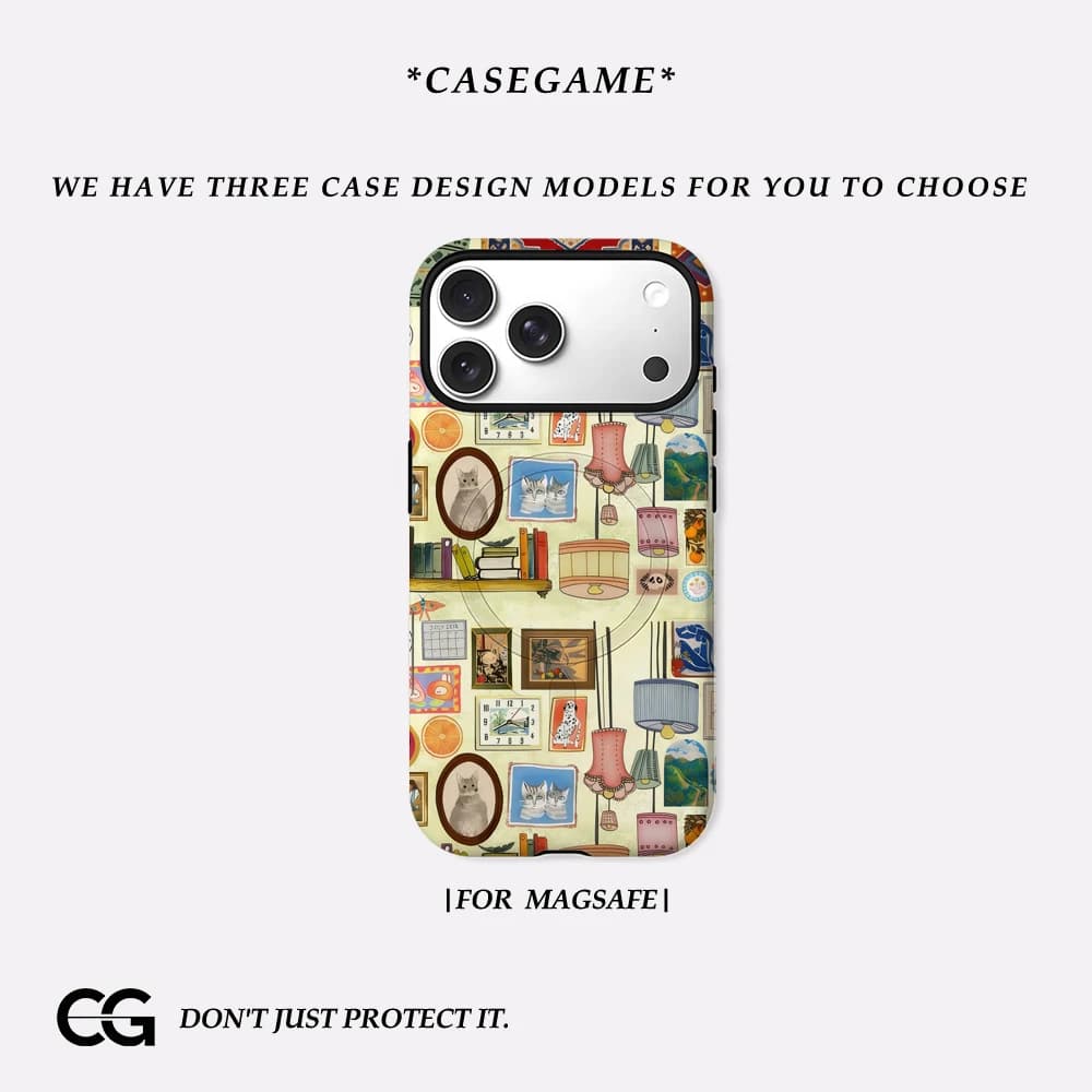 Casegame Matte Bumper per Custodia MagSafe per iPhone 17 16 15 14 Plus 13 Pro Max Antiurto Rigida in PC Cover Cozy Room Collage
