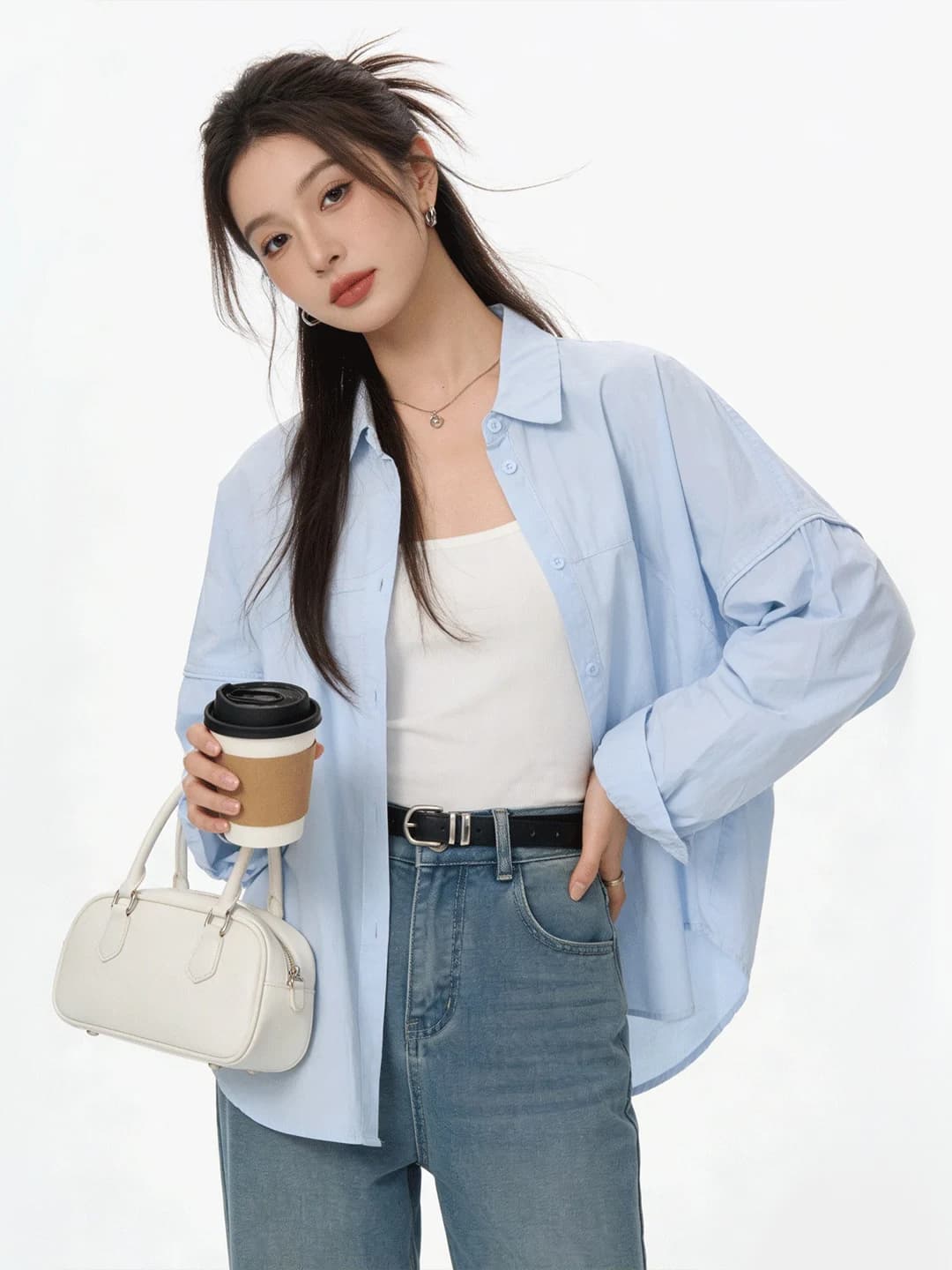 Blue Long Sleeve Shirt Jacket Women's Early Spring Loose Slimming Design Casual Style Breathable Comfortable Korean Fashion