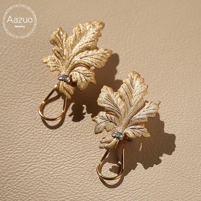 Aazuo Gioielli Vintage Autentici, Orecchini a Clip a Foglia con Diamanti Veri in Oro Giallo Massiccio 18K, Gioielli da Donna per Feste di Fidanzamento, Regalo