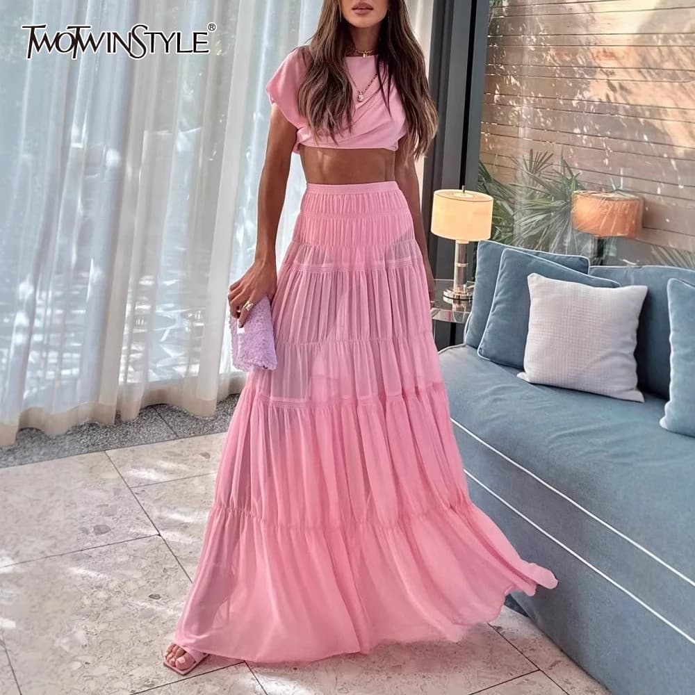 TWOTWINSTYLE Solido Set a Due Pezzi per Le Donne O Collo Senza Maniche Top a Vita Alta Pieghe Impiombate Gonna Elegnt Set Moda Femminile