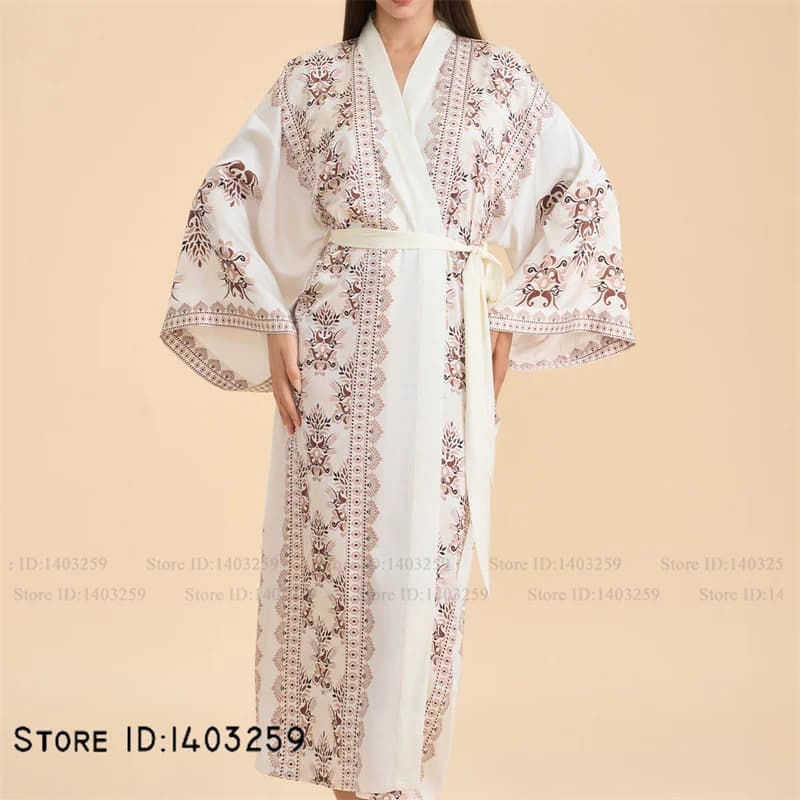 Abito lungo da donna taglie forti Camicia da notte Stampa Fiore Kimono Accappatoio Abito in raso di seta Indumenti da notte Abito da casa Allentato Abbigliamento casual da salotto