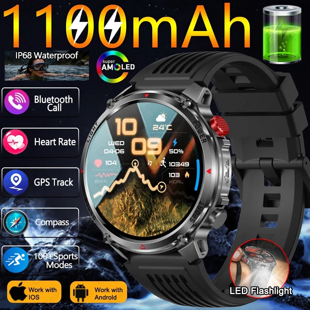 Nuovo Smartwatch 2026 con Batteria da 1100mAh, Torcia LED, Monitoraggio Frequenza Cardiaca, Impermeabile IP68, Monitoraggio del Sonno, Chiamate Bluetooth per Uomo