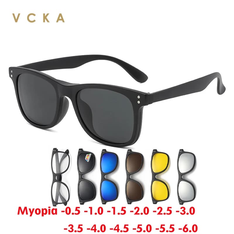 VCKA 6 in 1 Magnet Clip Myopia Sunglasses 2025 NEW Retro Men Women Glasses Custom Optical Prescription Driving Eyewear -1.0~-6.0