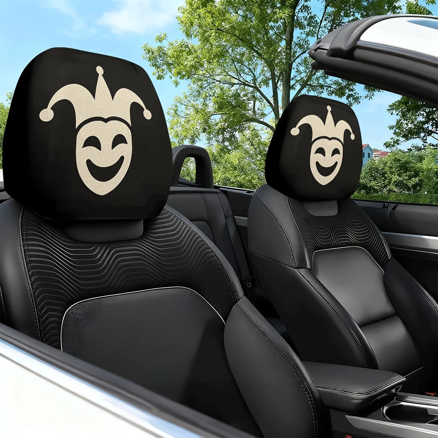 2 copri poggiatesta per auto, copri poggiatesta per sedile auto con stampa a tema maschera del Joker che sorride su sfondo nero - A