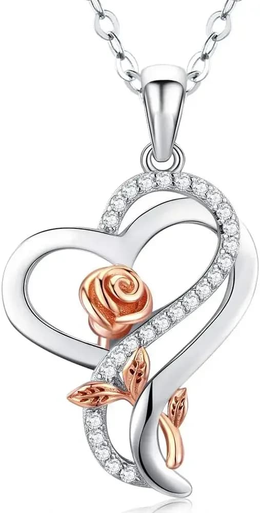Regali per la mamma, collana con cuore e rosa in argento sterling, gioielli Desimtion, regali per donne, fidanzate, mogli, regali di San Valentino e compleanno