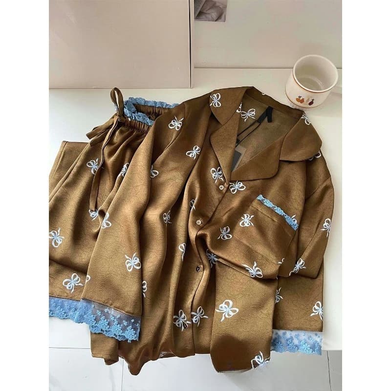 Retro Maillard Bow Print Ice Silk Women's Pajamas.two-piece Satin Long-sleeved Shirt Long Pants Home Wear Set for Autumn Fashion