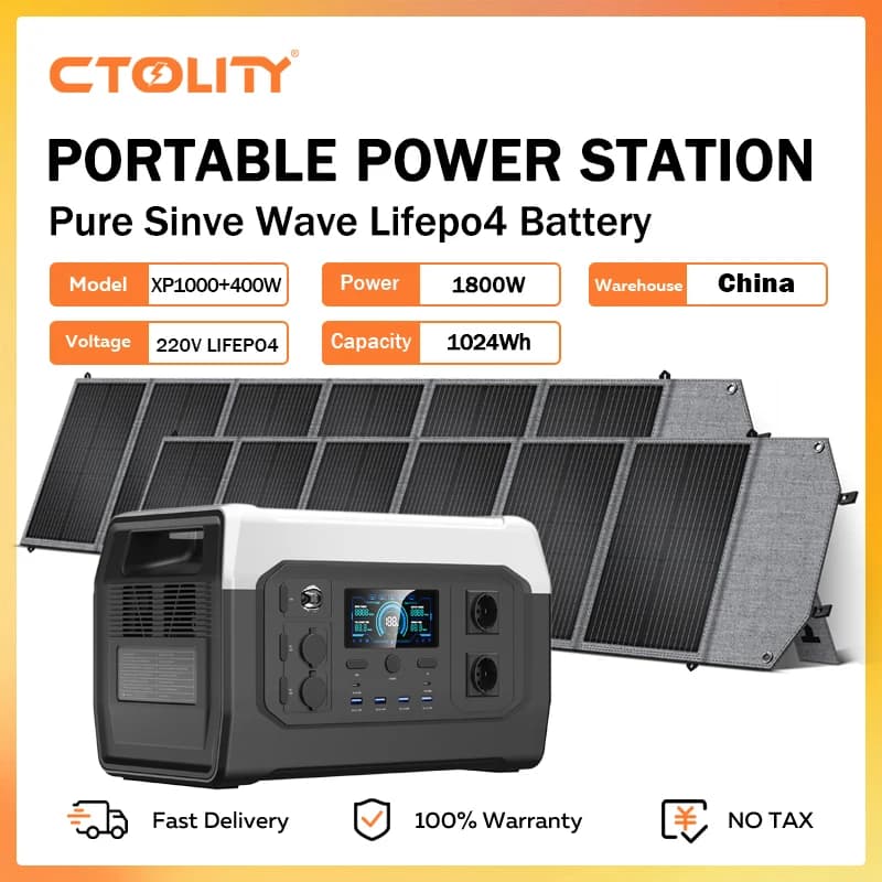 CTOLITY XP1000 Generatore Solare 1800W con Pannello Solare 400W, Stazione di Alimentazione Portatile 1024Wh, Batteria LiFePO4, Uscita AC Onda Sinusoidale Pura
