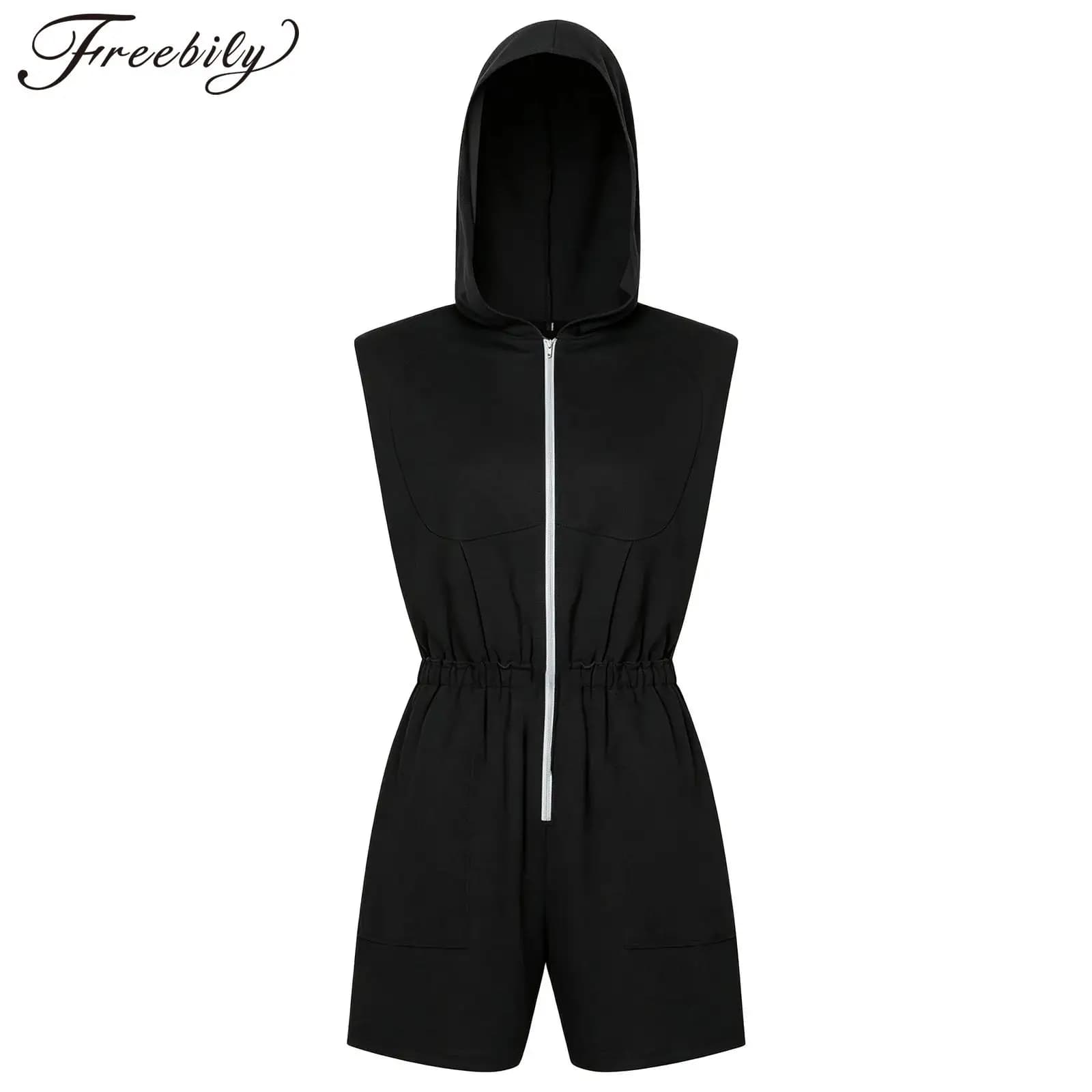 Romper for Women One Piece Jumpsuits Half Zipper Hoodie Sleeveless Jumpsuit Hooded Bodysuit