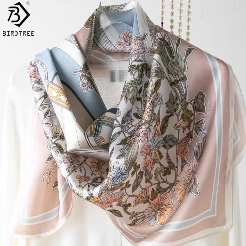 BirdTree, Sciarpa Quadrata in Seta 100% Vera, Raso Liscio, Regalo per la Mamma, Elegante Foulard Rosa Chic, Sciarpa Primaverile 2026 A63415JF