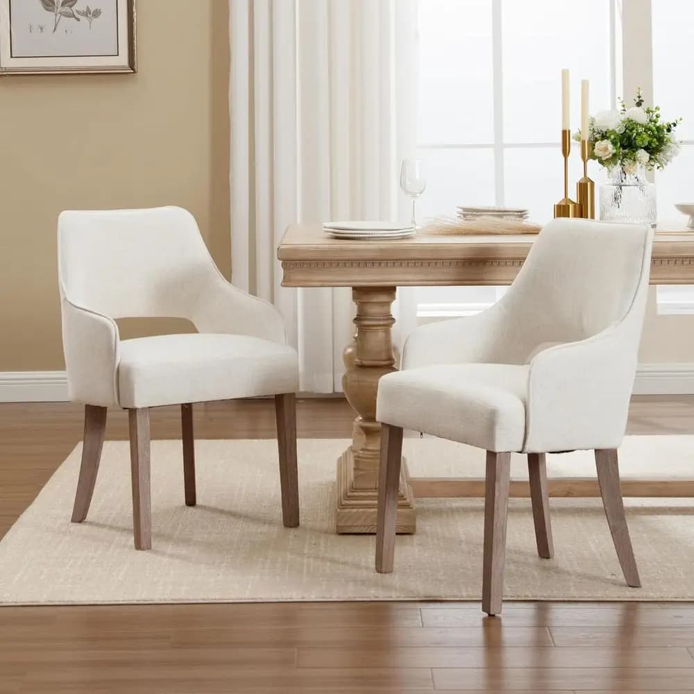 Linen-Cushioned Accent Chairs Set of 2, Hollow Back, Padded Seat, Wood Legs, Beige, Suitable for Kitchen, Dining Room, Restauran