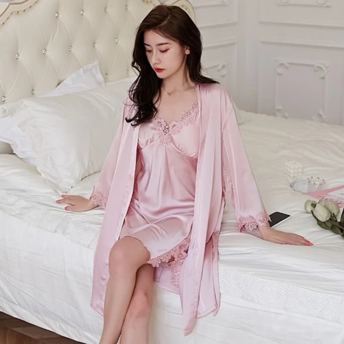 Set di 2 Pezzi: Vestaglia in Pizzo e Lingerie Femminile in Raso, Kimono Estivo per Donna, Camicia da Notte, Abbigliamento per Casa
