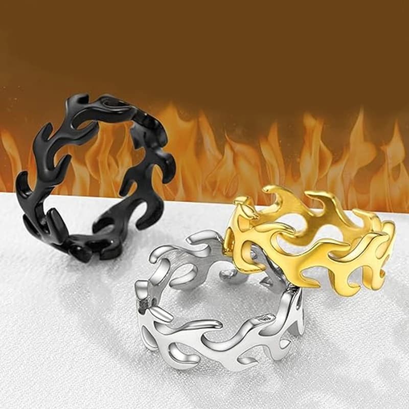 Anello con fiamma ardente Hip Hop Anelli in acciaio inossidabile placcato oro nero impermeabile per uomo donna