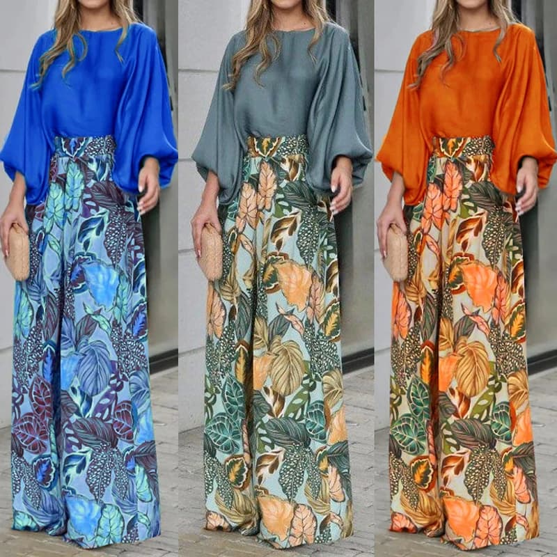 Set da 2 pezzi da donna 2024 T-shirt a maniche lunghe tinta unita di nuova moda autunnale e pantaloni a gamba larga con stampa digitale Set di pantaloni da donna