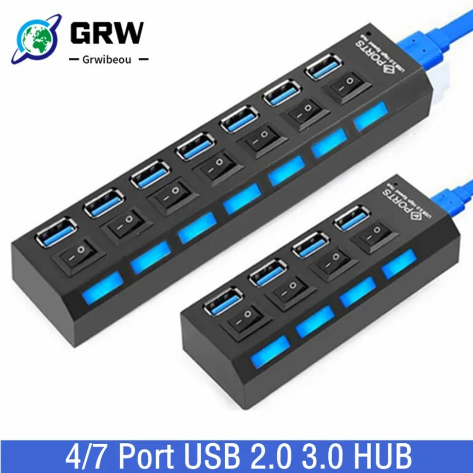 Grwibeou Hub USB 2.0 3.0 Hub USB 3.0 Splitter Multi USB usa adattatore di alimentazione 4/7 porte espansore multiplo 2.0 Hub USB3.0 con interruttore