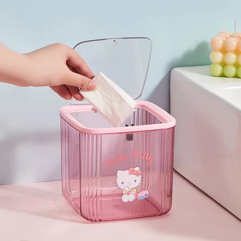 Cestino da scrivania trasparente Kawaii Hello Kitty con coperchio a scomparsa, grazioso contenitore per rifiuti di alta qualità per camera da letto, soggiorno, ufficio domestico