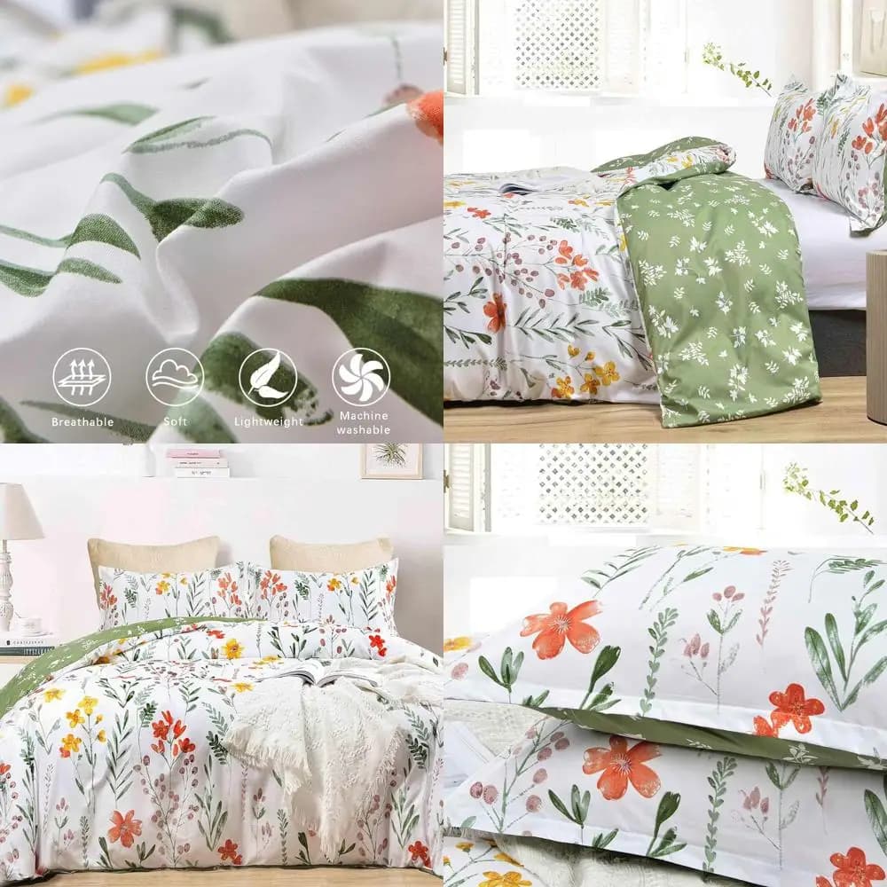 Set Copripiumino Queen Size con Foglie Verdi e Fiori Gialli, Microfibra Leggera, Coperta Reversibile 90x90 Pollici
