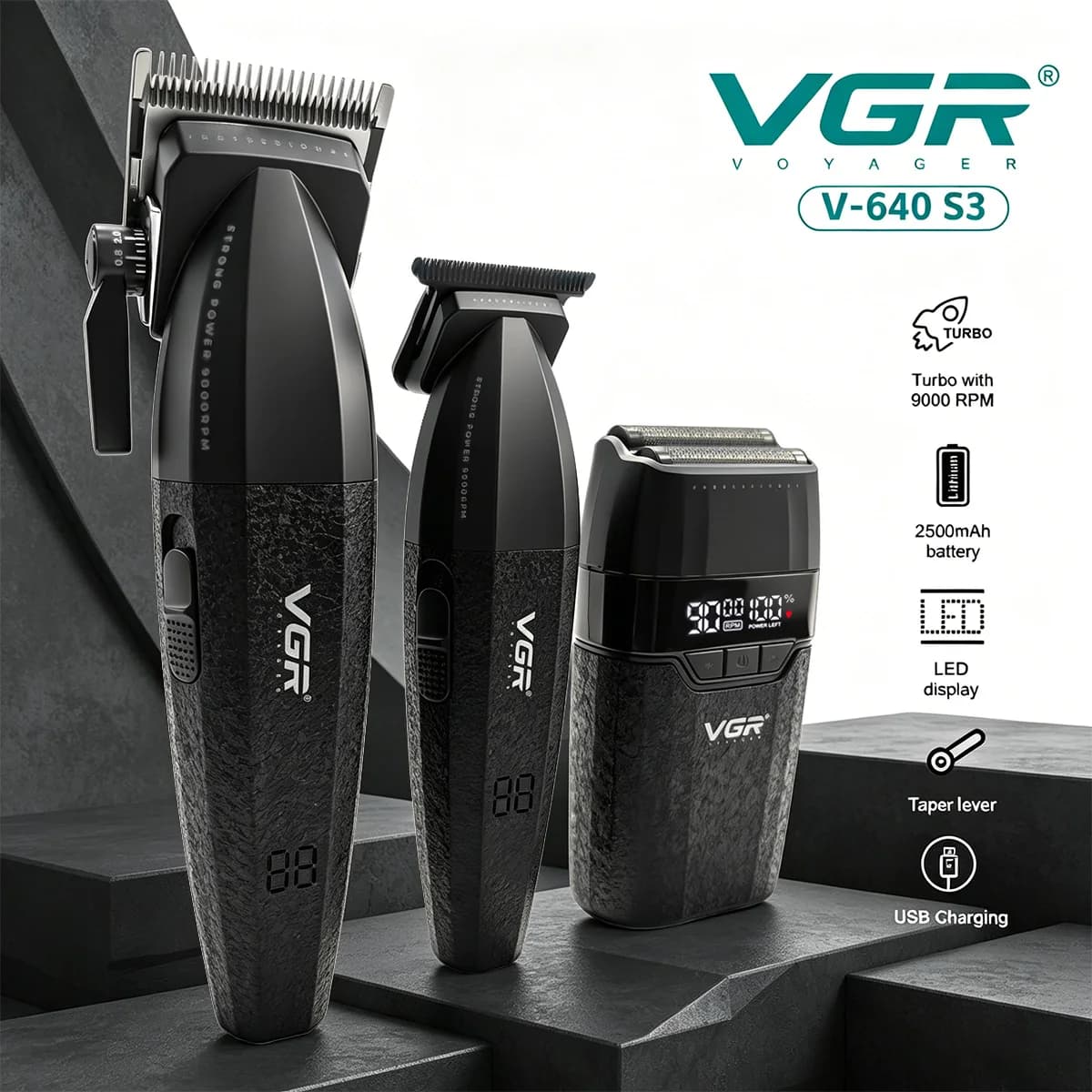 VGR Haircuts Professional Haircutting Machine 9000 RPM Barbiere Wireless Shelves LED Haircut cutter V-640 S3