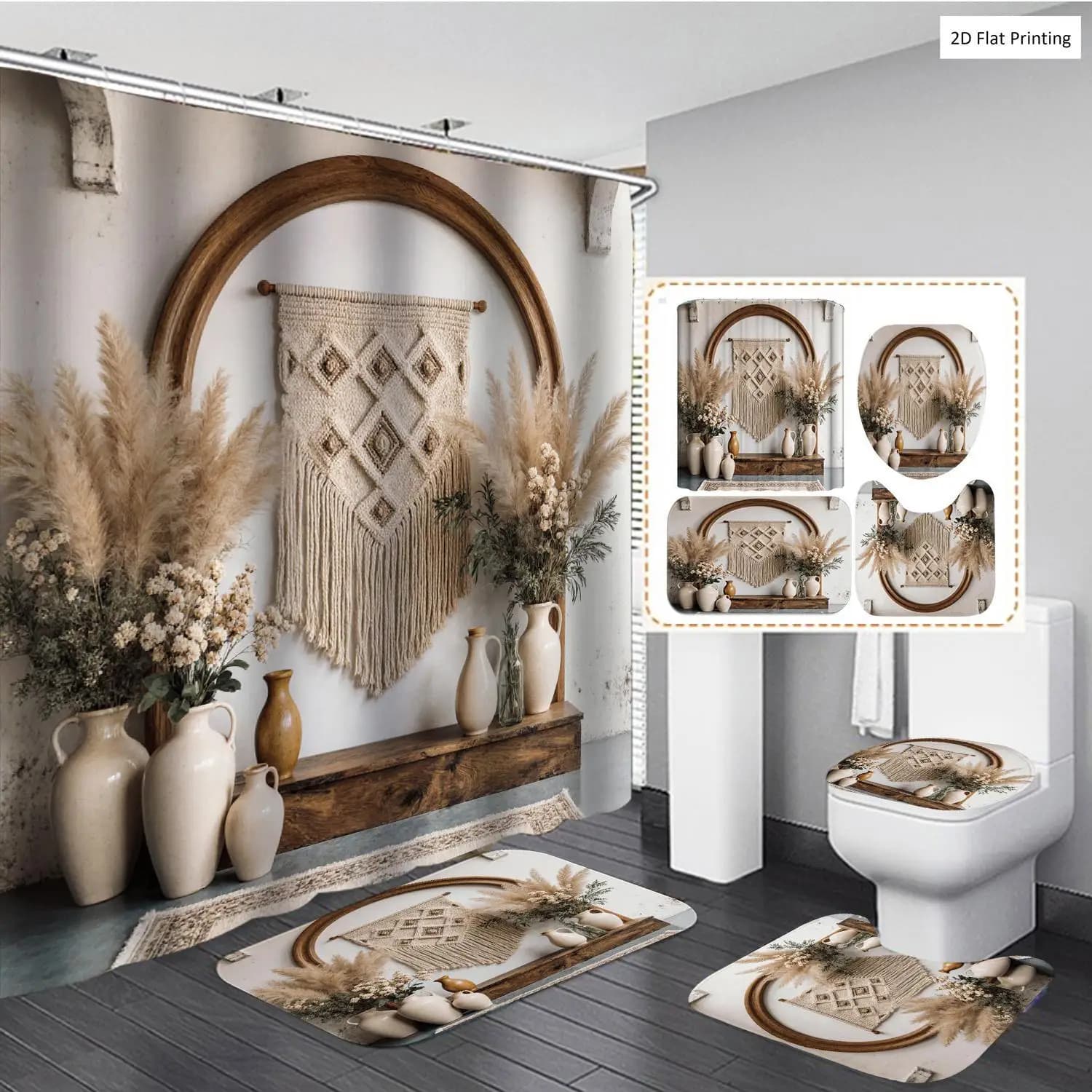 Set di Tende da Doccia in Stile Bohemien con Vasi e Erba della Pampa, Tappeti, Tappetino da Bagno Antiscivolo, Tappeto a U per WC, Copriwater, Accessori per Tende da Vasca in Diverse Misure con 12 Ganci, Decorazioni Festive per Casa e Bagno