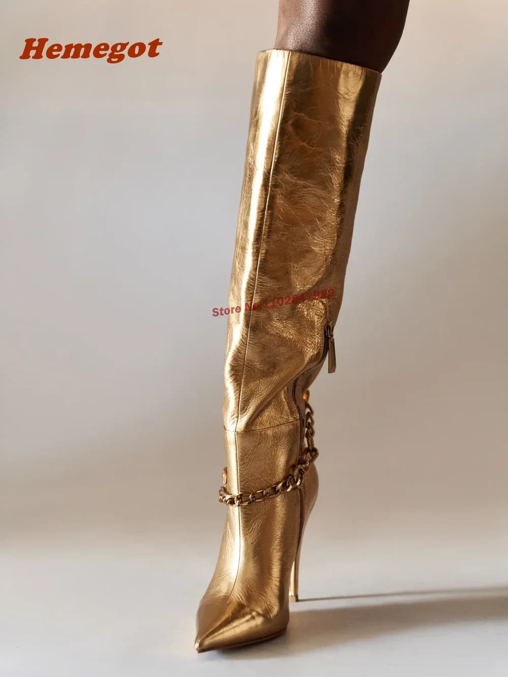 Gold Chain Glossed Leather Knee Boots Pointy Toe High Heels Side Zipper Winter Boots for Female Solid Newest Fashion Shoes Sexy