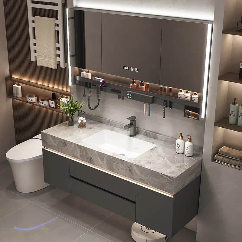 Mobile Bagno Vintage di Lusso Semplice con Lavabo, Specchio e Cassetti Contenitori - Arredo Casa per Toilette