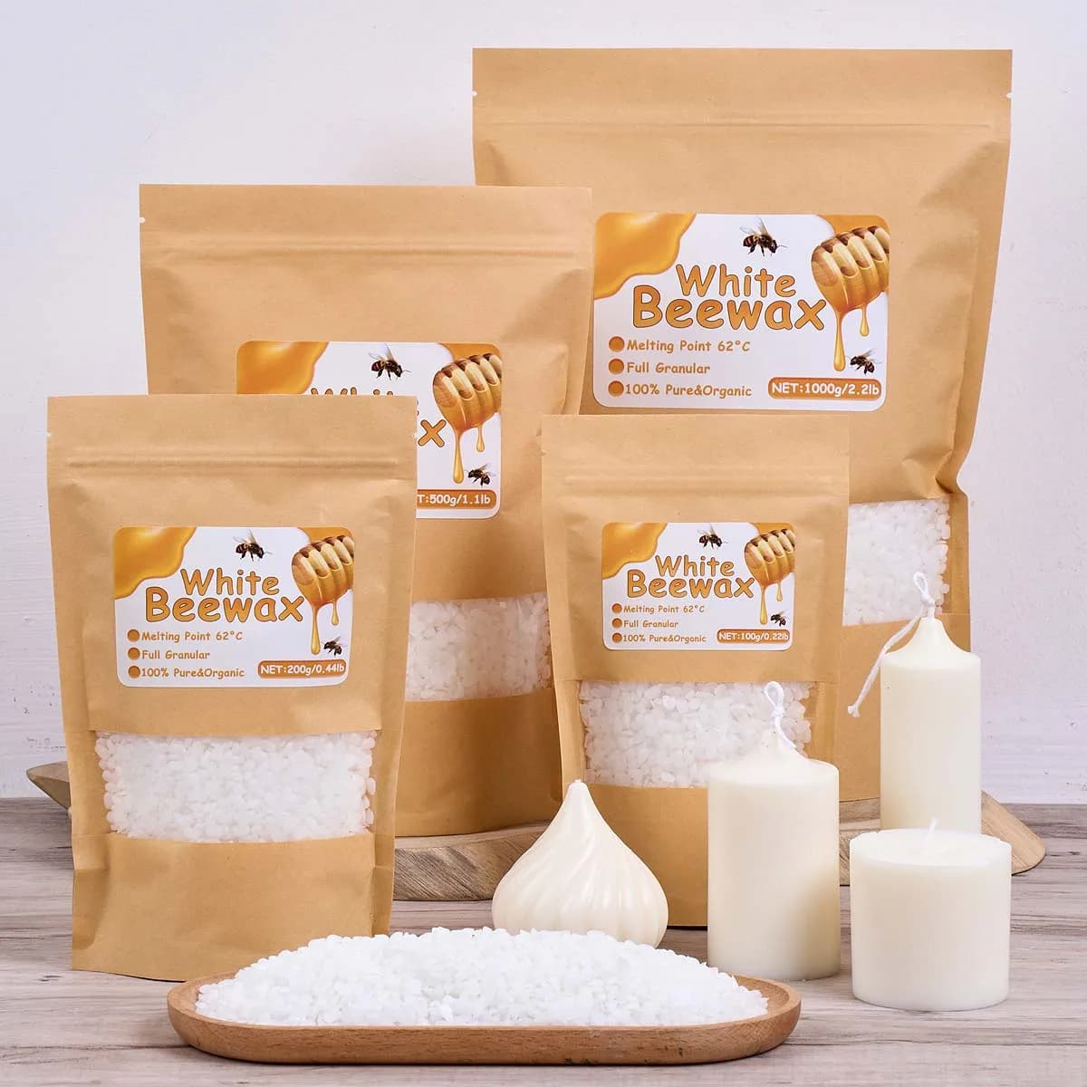 1000g Cera d'Api Bianca per Candele Fai da Te, Materiale Puro Naturale in Granuli, Inodore, Particelle di Cera, Materie Prime, Forniture per Artigianato