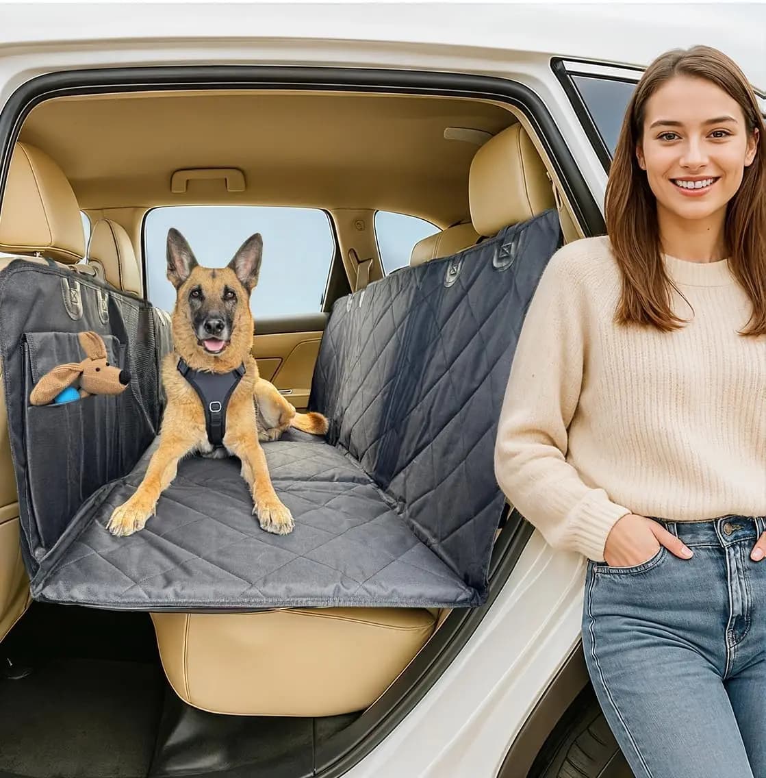 Coprisedile Auto Impermeabile per Cani con Fondo Rigido, Finestra in Rete e Vano Portaoggetti - Nero