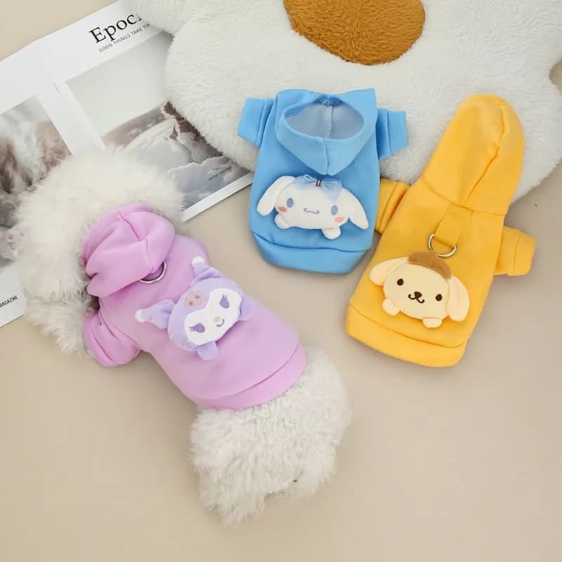 Felpa con Cappuccio Invernale Sanrio per Cani e Gatti, Maglione Caldo in Velluto per Animali Domestici di Piccola Taglia, con Anello a D per Guinzaglio Autunno Inverno